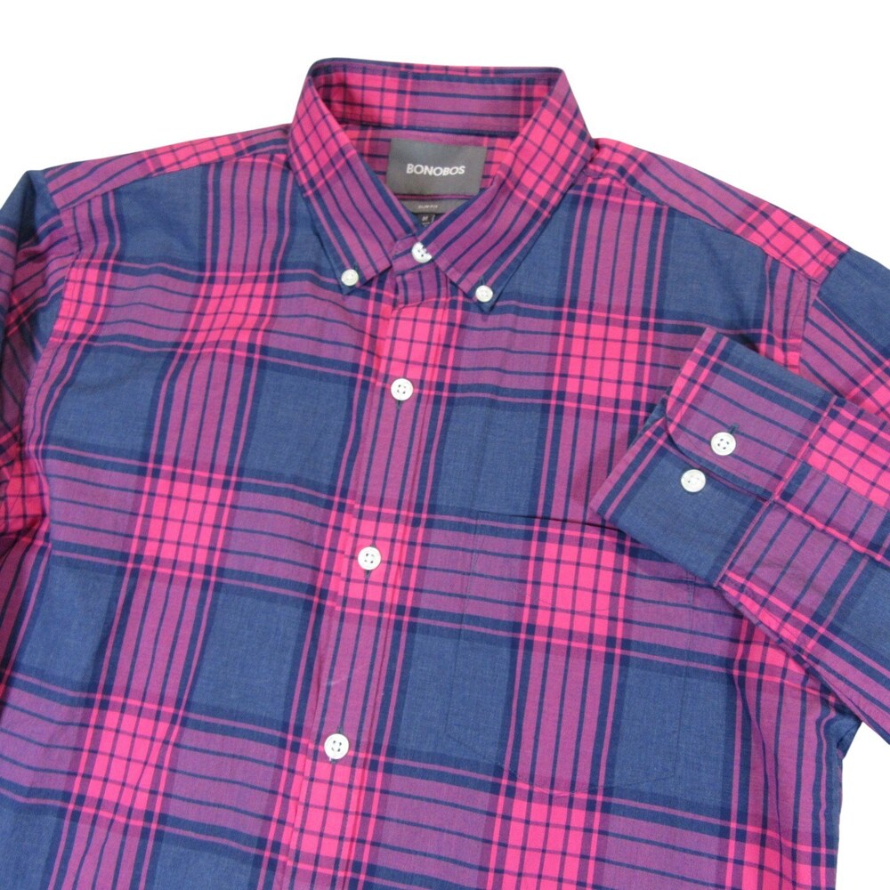 Bonobos Mens Button Down Shirt M Slim Fit Navy Blue Pink Plaid 100% Cotton